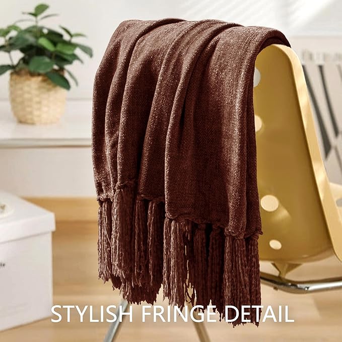 Chenille Throw Blanket for Couch 60"X 80" Twin, Soft Cozy Throws with Fringe Tassel for Bed Sofa Chair Cover, Lightweight Knitted Decorative Boho Blankets for Living Room, Dark Brown