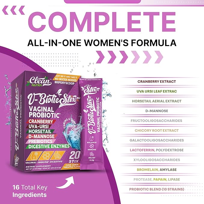 Clean Nutraceuticals Vaginal Probiotics for Women with Cranberry Extract, D-Mannose, Prebiotics, pH Balance for Women, Vaginal Health – Womens Probiotic Alternative to Gummies - 20 Stix