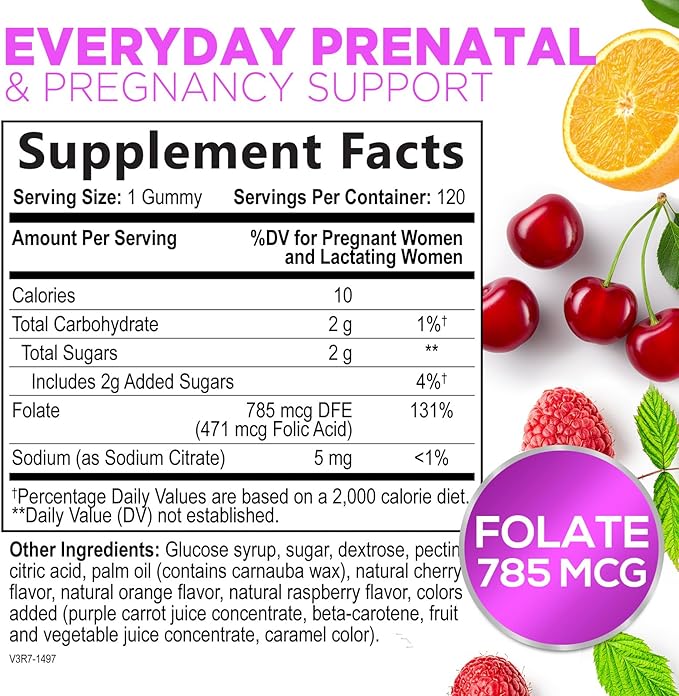 Folic Acid Gummies for Women 785 mcg, Essential Prenatal Vitamins for Mom & Baby, Vegan Folic Supplement Gummy, Daily Vitamin B9 Extra Strength Folate, Before During After Pregnancy - 120 Gummies