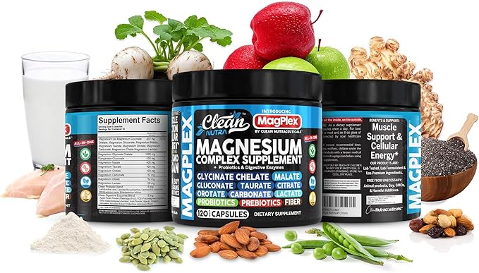 8in1 Magnesium Supplement Complex | Magnesium Glycinate Citrate Malate Gluconate Orotate Carbonate Lactate + Prebiotics Probiotics Digestive Enzymes Magnesio Capsules for Women Men by Clean Nutra
