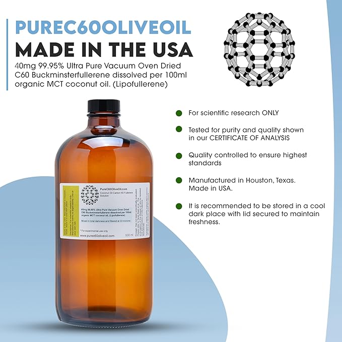 PureC60OliveOil C60 Organic MCT Coconut Oil 500ml / 16.9 Fl Oz - 99.95% Carbon 60 Solvent Free 200mg - Amber Glass Bottle - Carbon 60 Coconut Oil - From The Leading Global Producer