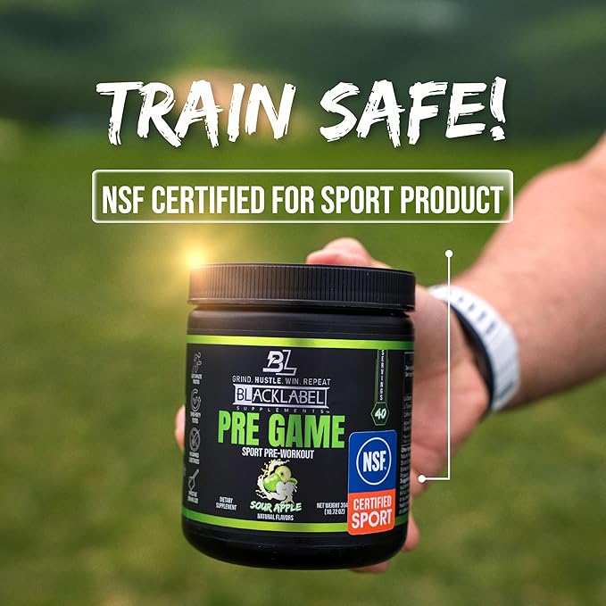 BLACKLABEL Supplements PRE-Game Pre Workout Powder, Sour Apple (40 Servings) – NSF Certified for Sport – Customizable 150mg Caffeine for Energy and Focus – Low-Stimulant Pre Workout for Men and Women