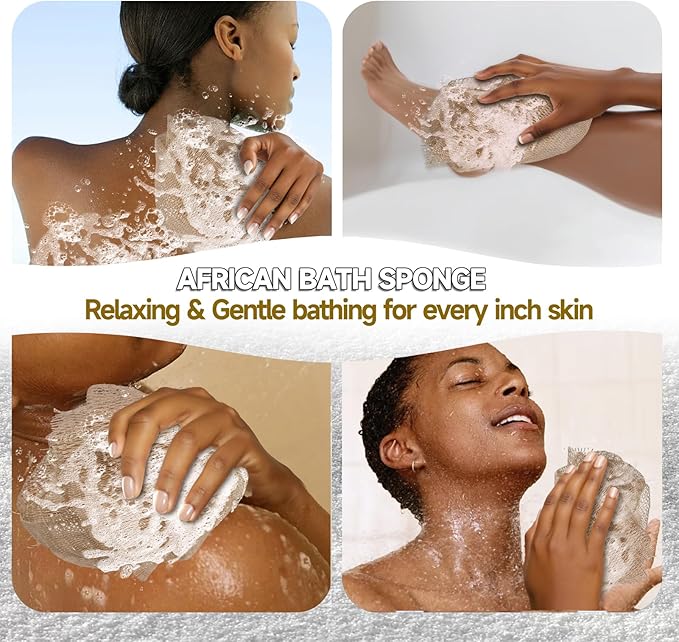 SubSahara Authentic African Net Sponge - 2 Pieces Exfoliating Scrubber for All Skin Types, Bath Sponge for Face & Body, Travel Portable, Durable, Gentle Exfoliation (Linen & Brown)