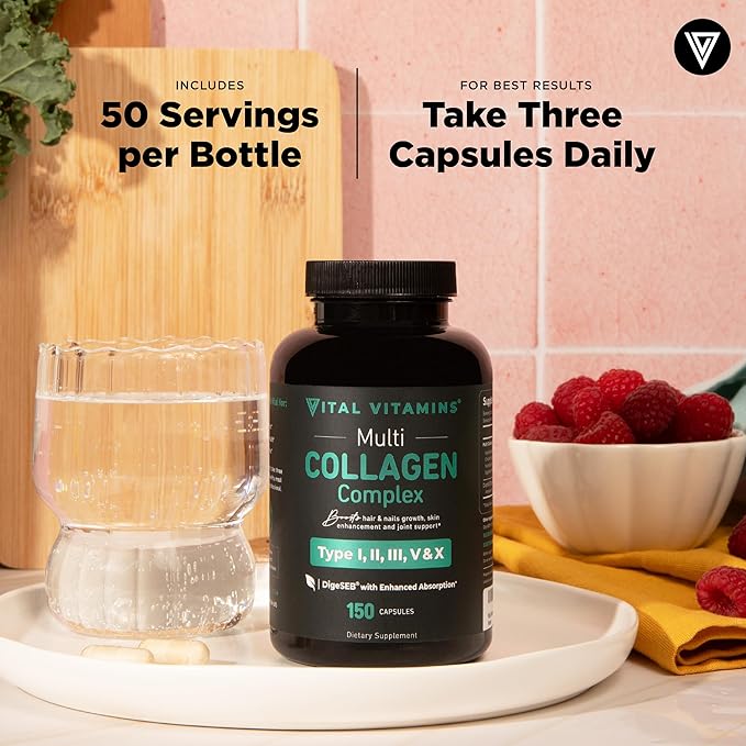 Vital Vitamins Multi Collagen Pills for Women & Men (2-Pack) - Hydrolyzed Collagen Peptides - Type I, II, III, V, X - Grass Fed, Non-GMO