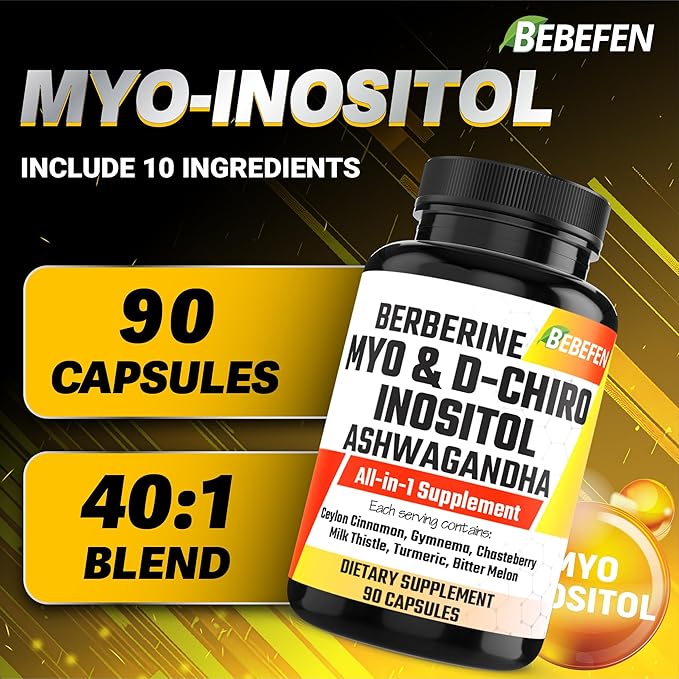 Myo-Inositol & D-Chiro Inositol Capsules with Ashwagandha, Berberine, Cinnamon, Gymnema, Chasteberry, Milk Thistle, Turmeric, Bitter Melon - 90 Capsules