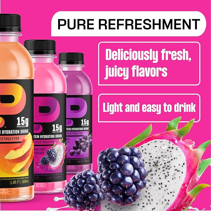 Protein2o Hydration Drink - 2-in-1 Liquid Clear Whey Protein Isolate and Electrolyte Drink - 15g Protein, Vitamins B5, B6 - Post-Workout Recovery - 16.9 Fl Oz - 12 Count Dragon fruit Blackberry