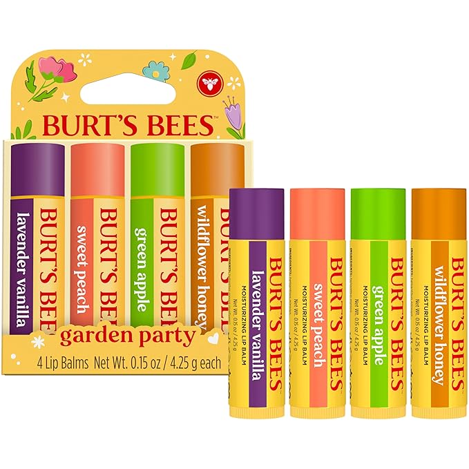 Burt's Bees Gifts Ideas - Garden Party Lip Balm Set, Lavender Vanilla, Sweet Peach, Green Apple, Wildflower Honey, With Responsibly Sourced Beeswax, Natural Origin Lip Treatment, 4 Tubes, 0.15 oz.