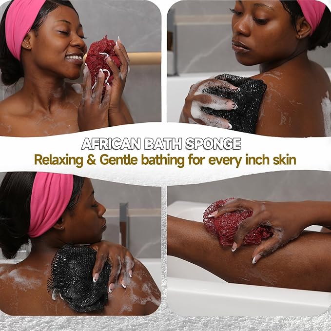 SubSahara Authentic African Net Sponge - 2 Pieces Exfoliating Scrubber for All Skin Types, Bath Sponge for Face & Body, Travel Portable, Durable, Gentle Exfoliation (Gray & Rust Red)