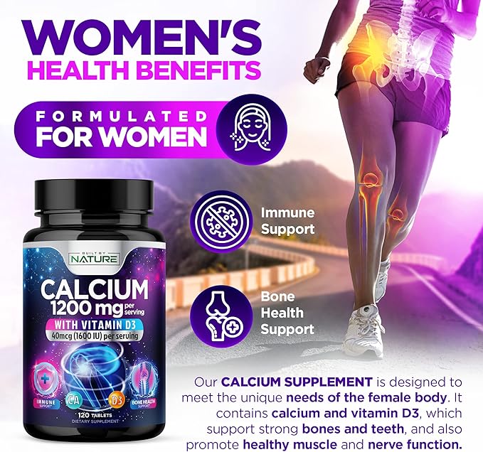 Calcium 1200mg with Vitamin D3 for Best Absorption - Advanced Bone Support Supplement, 1200 mg Calcium Carbonate & 1600 IU Vitamin D3, Slow Release for Immune Support, Easy to Swallow, 120 Tablets