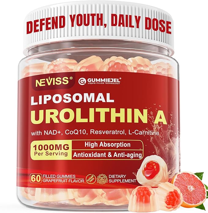 Urolithin A 1000mg Gummies with NAD+, CoQ10, Resveratrol & L-Carnitine – Liposomal Urolithin A+ Supplement for Mitochondrial & Cellular Energy, Muscle & Healthy Aging – High Absorption – Vegan, 60ct
