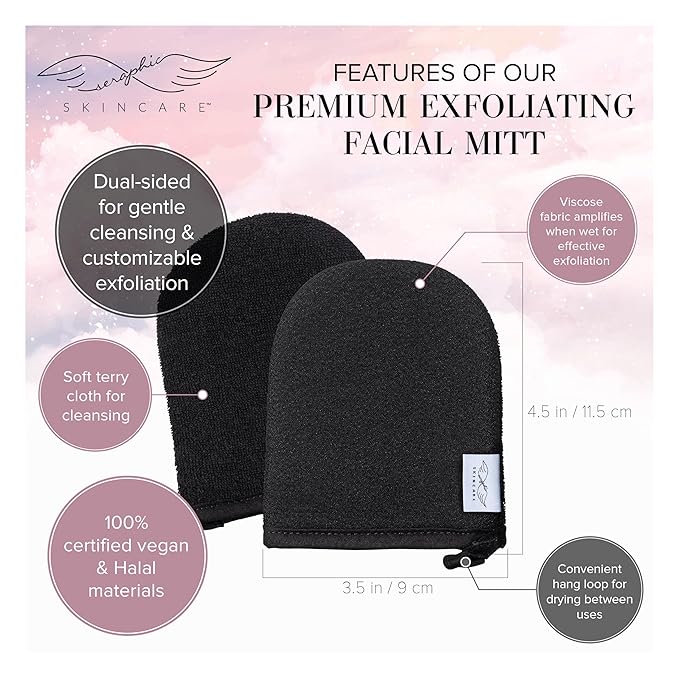 Seraphic Skincare Premium Exfoliating Facial Mitt – 100% Vegan Dual-Sided Face Scrubber with Viscose Washcloth – Makeup Remover Cloth for Gentle Cleansing & Exfoliation – Natural Dead Skin Remover