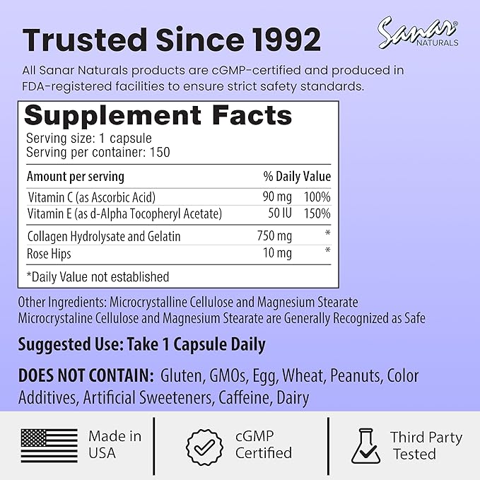 Sanar Naturals Collagen Pills with Vitamin C, E - Supports Hair, Nail, Skin, Joint & Bone Health - Hydrolyzed Collagen for Women & Men Supplement - Grass Fed, Non-GMO, 150 Capsules