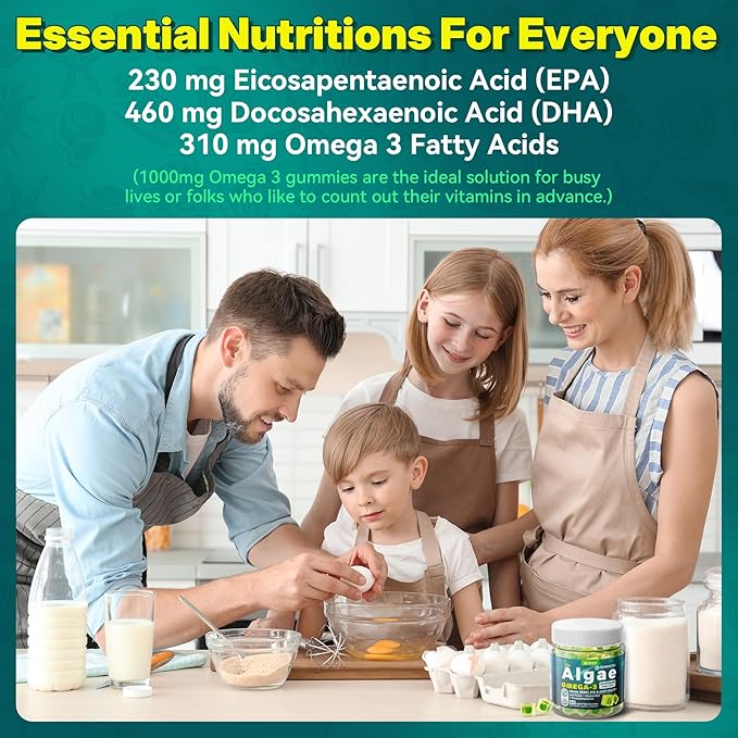 2 Pack Algae Omega 3 Gummies 1000mg, Plant Based DHA 460mg & EPA 230mg, Omega 3 Fish Oil Alternative for Adults, Plus MethylFolate, Vitamin B12, Phosphatidylserine, No Fishy Taste, Vegan, Sugar Free