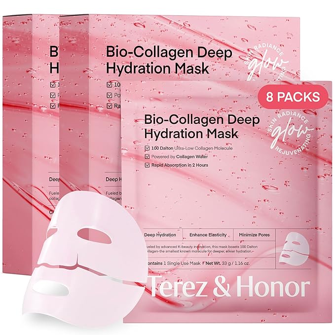 Terez & Honor Collagen Face Mask Overnight - 8 ea x 33g 100 Dalton Ultra Low Bio Collagen Gel Mask for Glass Glow Skin, Deep Hydration, Wrinkle, Fine Lines, Pore, Elasticity & Firming, Korean Skincare