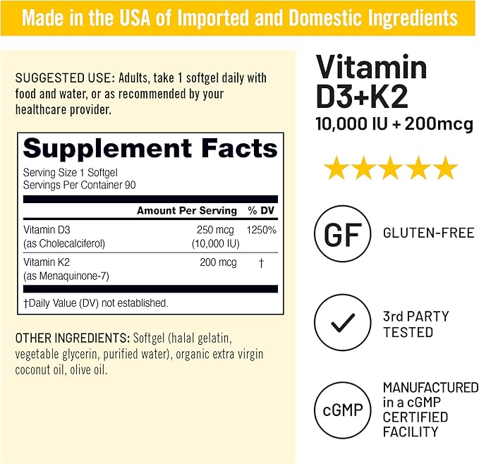 NatureWise Vitamin D3 10,000 IU Plus K2 (MK-7) 200 mcg with Organic Extra Virgin Coconut Oil - Supports Calcium Absorption, Bone, Heart & Immune Health - Non-GMO, Soy & Gluten-Free - 90 Softgels