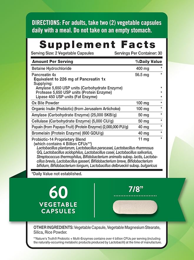 Nature's Truth Probiotics with Enzymes | 60 Capsules | for Men and Women | Non-GMO & Gluten Free Digestive Health Supplement