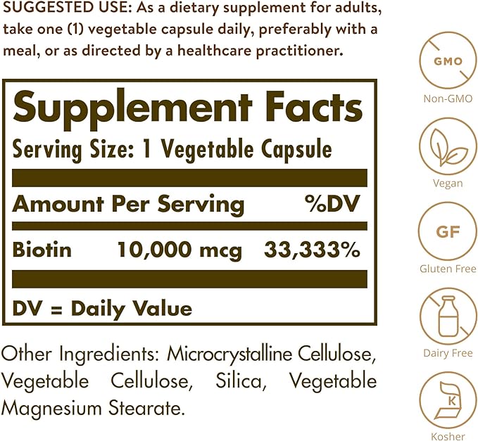 Solgar Biotin 10,000 mcg, 60 Vegetable Capsules - Energy, Metabolism, Promotes Healthy Skin, Nails & Hair - Super High Potency - Non-GMO, Vegan, Gluten Free, Dairy Free, Kosher - 60 Servings
