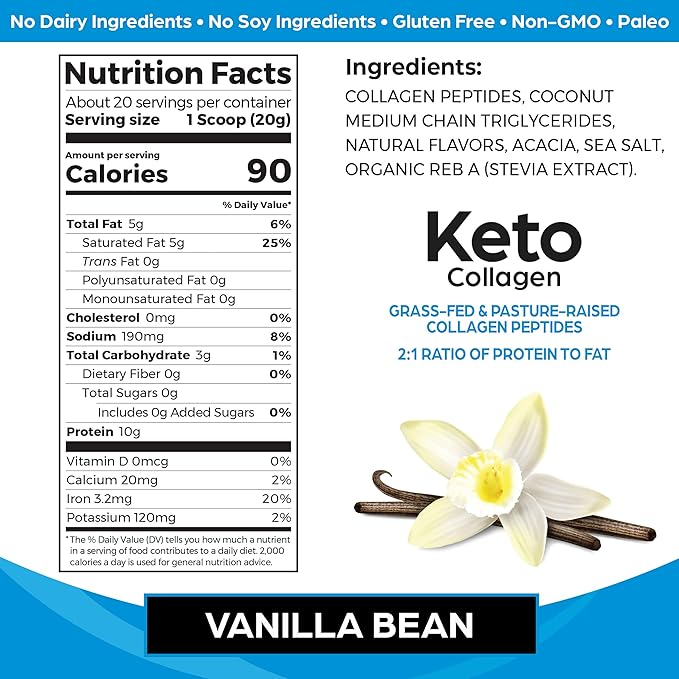 Orgain Keto Collagen Protein Powder with MCT Oil, Vanilla - Paleo Friendly, Grass Fed Hydrolyzed Collagen Peptides Type I and III, Dairy Free, Gluten Free, Soy Free, 0.88 Lb (Packaging May Vary)