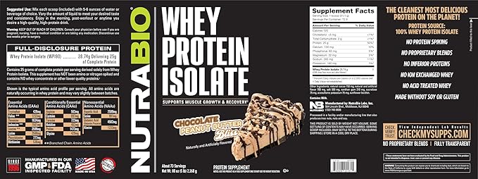 NutraBio 100% Whey Protein Isolate Protein Powder, 25g Protein with Complete Amino Acid Profile, Non-GMO, Soy & Gluten Free, Low Carb, Low Calorie Whey Protein Powder, Chocolate Peanut Butter, 5 Lbs