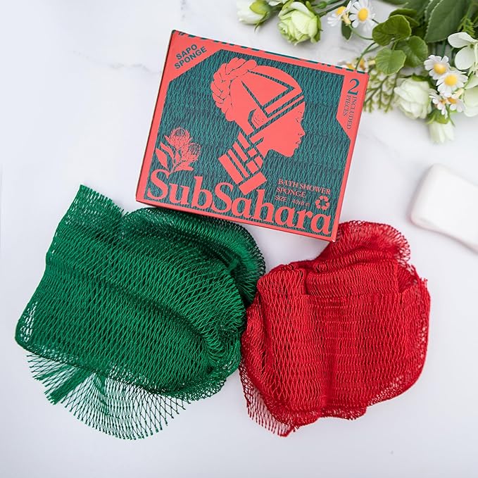 SubSahara Authentic African Net Sponge - 2 Pieces Exfoliating Scrubber for All Skin Types, Bath Sponge for Face & Body, Travel Portable, Durable, Gentle Exfoliation (Red & Green)
