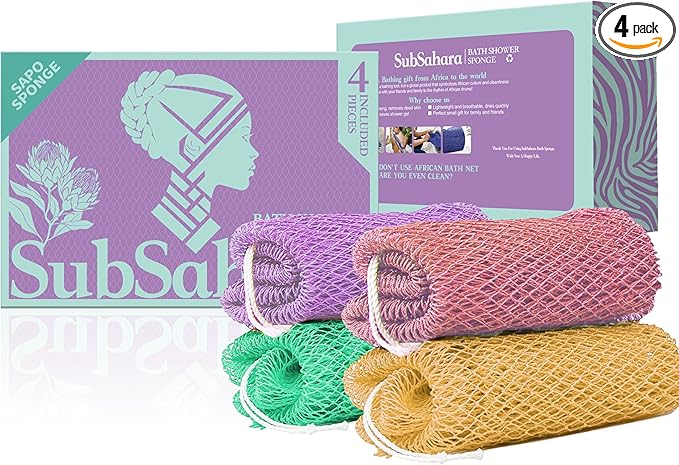 SubSahara African Net Sponge Authentic - 4 Pieces Gentle Exfoliating Scrubber for All Skin Types, Bath Sponge for Face & Body, Travel Portable (Golden, Blush Powder, Mint Green, Lavender Purple)