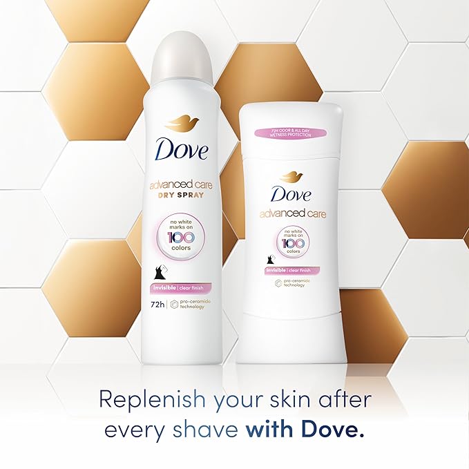 Dove Advanced Care Antiperspirant Deodorant Spray Clear Finish 3 Count Invisible antiperspirant deodorant tested on 100 colors 72-hour odor and sweat protection with Pro-Ceramide technology 3.8 oz