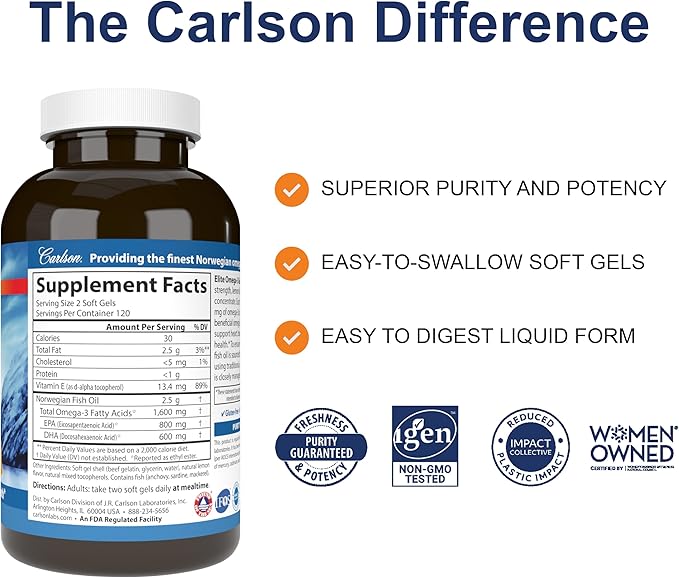 Carlson Elite Omega-3 Gems 1600 mg Omega 3 Fatty Acids Including EPA and DHA, Norwegian, Wild-Caught Fish Oil Supplement, Sustainably Sourced Fish Oil Capsules, Lemon - 60 Softgels