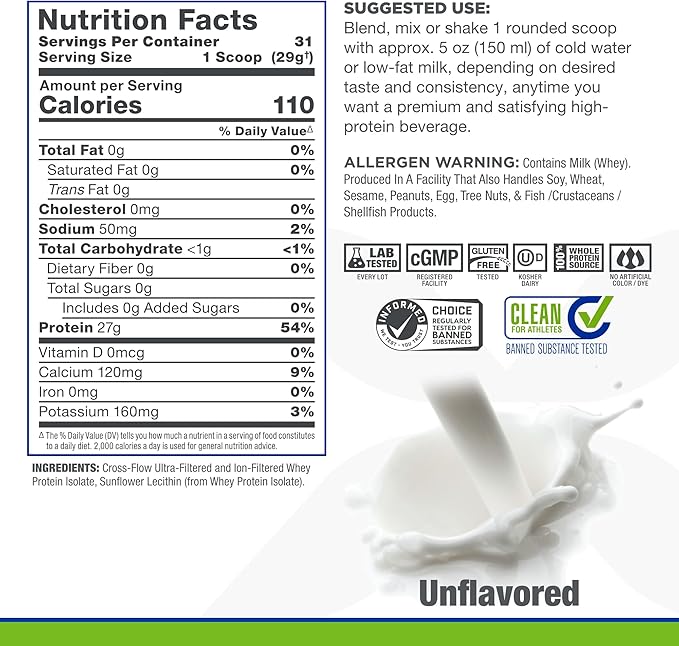 ALLMAX Nutrition ISONATURAL Whey Protein Isolate, Unflavored - 2 lb - 27 Grams of Protein Per Scoop - Zero Fat & Sugar - 99% Lactose Free - with Prebiotics - No Artificial Flavors - 31 Servings