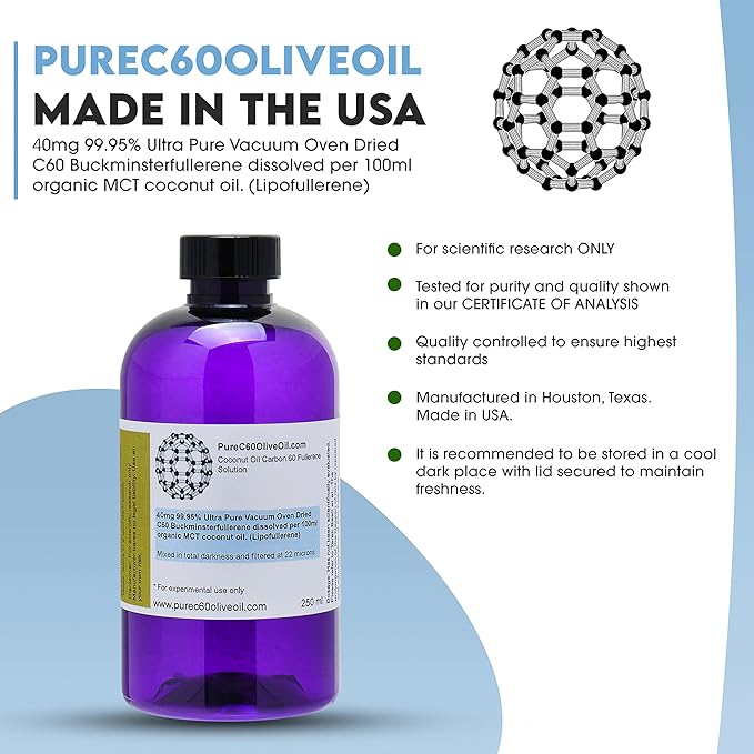 PureC60OliveOil C60 Organic MCT Coconut Oil 250ml / 8.5 Fl Oz - 99.95% Carbon 60 Solvent Free 100mg - Food Grade - Carbon 60 Coconut Oil - From The Leading Global Producer