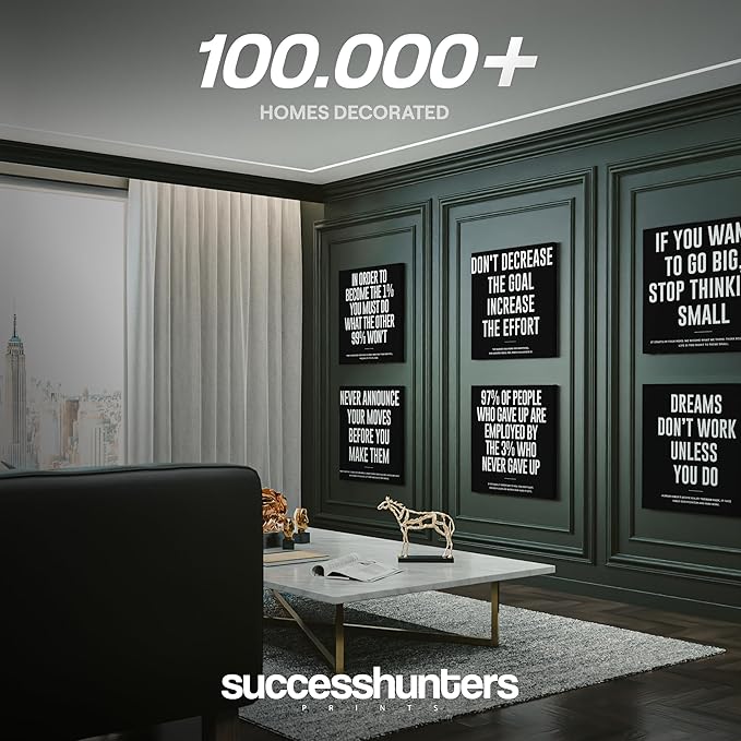 6X Motivational canvas, wall art for bedroom and office, inspirational black and white canvas poster, motivational poster set, decor bundle for home, wall pictures for living room (6x - 16 X 16 in)