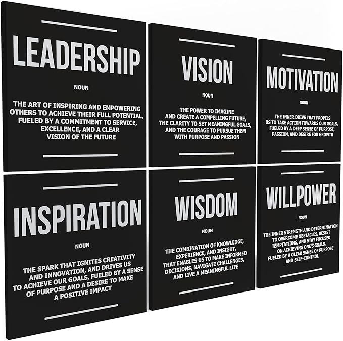 6X Motivational canvas, wall art for bedroom and office, inspirational black and white canvas poster, motivational poster set, decor bundle for home, wall pictures for living room (6x - 12 X 12 in)