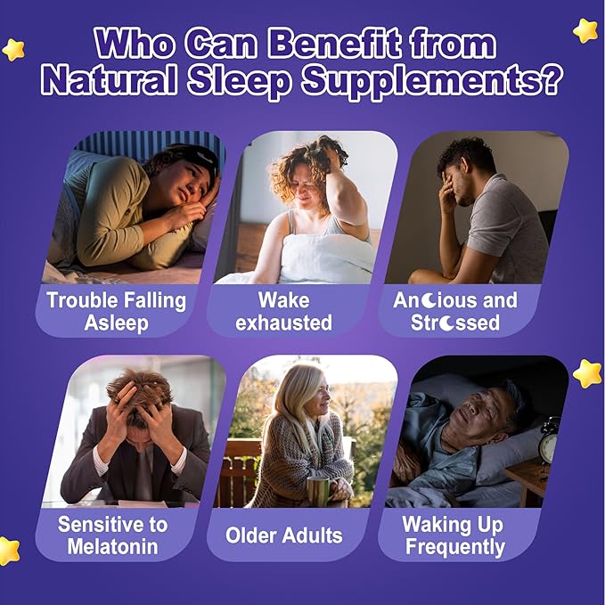 Melatonin Free Sleep Gummies, with Magnesium Glycinate, GABA, 5-HTP, L-Theanine, Valerian, Chamomile, Lemon Balm, Vitamin D3 & B6 - Hormone & Drug- Free, Non-Habit Forming,Sugar Free