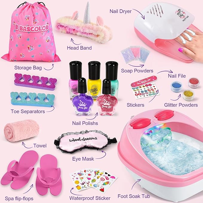 Kids Foot Spa & Nail Kit Set, Kids Spa Day Kit for Girls, Massage Foot Soak Tub and Nail Dryer, Manicure Pedicure Art Salon Girl Gift for 5-12, Christmas Birthday Gifts