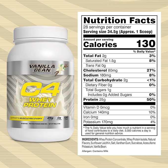 Cellucor C4 Whey Protein Powder, Vanilla Bean - 25g Protein, 0g Added Sugar, 130 Calories Per Serving, Supports Muscle Recovery, 28 Servings, Premium Whey for Post-Workout
