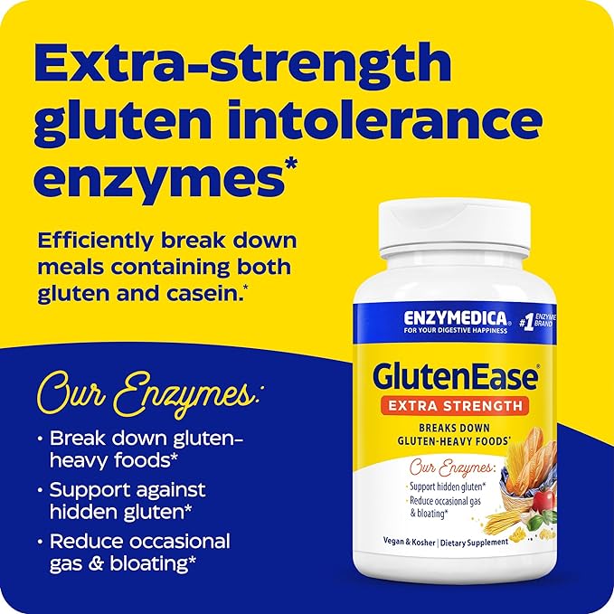 Enzymedica, GlutenEase Extra Strength, Maximum Potency Digestive Enzymes, Supports Gluten & Casein Intolerance, 30 Count