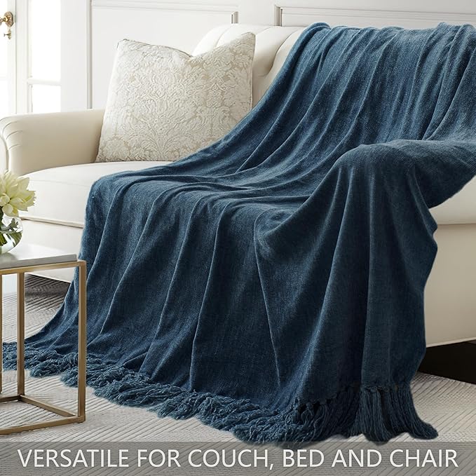 Chenille Throw Blanket for Couch 60"X 80" Twin, Soft Cozy Throws with Fringe Tassel for Bed Sofa Chair Cover, Lightweight Knitted Decorative Boho Blankets for Living Room, Navy Blue