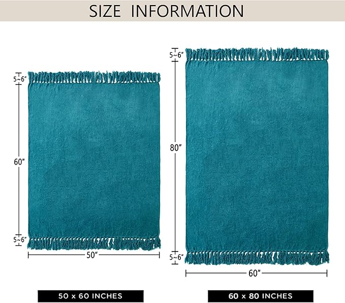 Chenille Throw Blanket for Couch 50"X 60", Soft Cozy Throws with Fringe Tassel for Bed Sofa Chair Cover, Lightweight Knitted Decorative Boho Blankets for Living Room, Teal