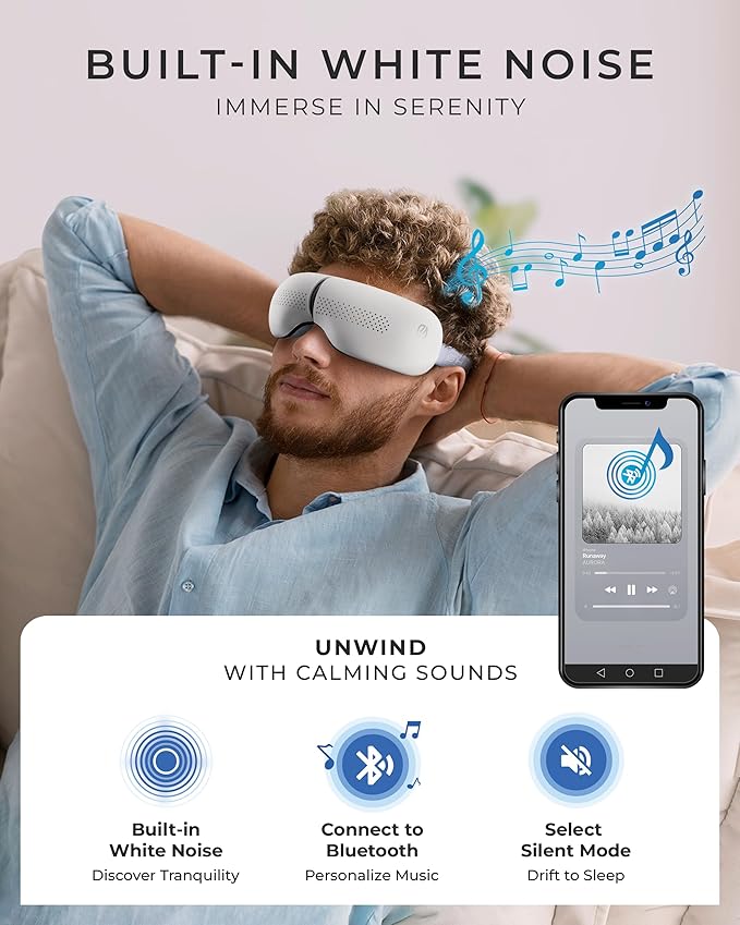 Premium Eye Massager with Heat & Cooling Gel Mask Heated Eye Massager for Migraine w Bluetooth & White Noise Massaging Mask for Tension & Stress Relief, Birthday Gift