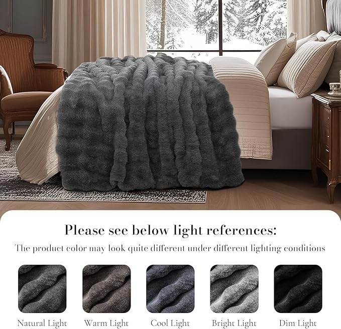 Amélie Home Faux Fur Throw Blanket for Couch, Fuzzy Cozy Soft Fluffy Fur Luxurious Soft Bubble Blanket for Sofa Bedroom Living Room, 50"x60" Inches, Ionic Wolf Gray