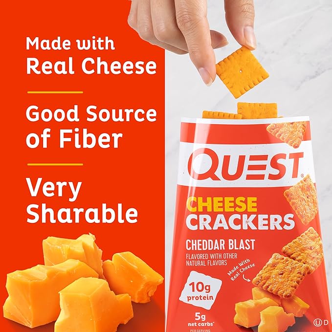 Quest Nutrition Cheese Crackers, Cheddar Blast, 10g Protein, 5g Net Carbs, 1g Sugar, Made with Real Cheese, 4 Count
