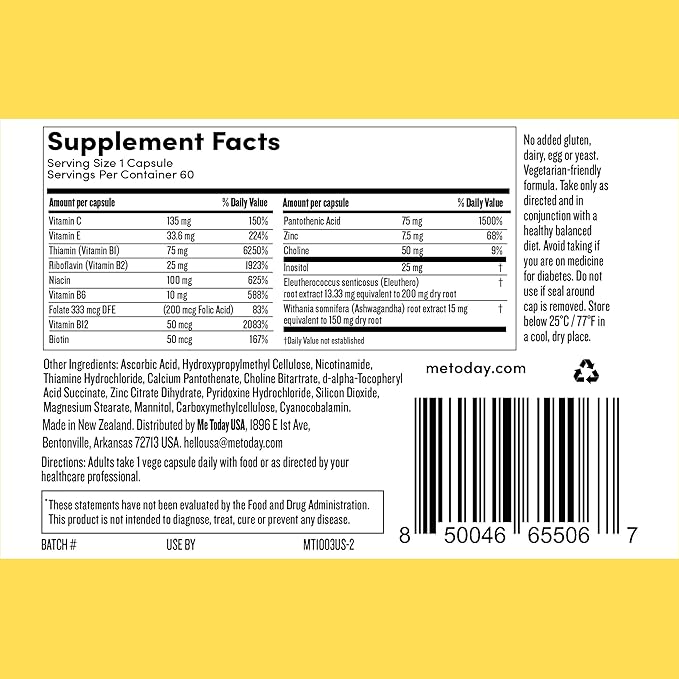 me today Energise Supplement – High Strength B Vitamins with B6, B12, C, Ashwagandha, Ginseng & Zinc – Energy Support for Men & Women – Vegan, 60 Capsules