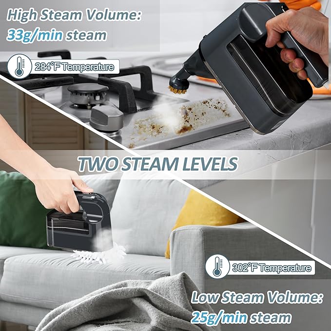 Spurgehom Handheld Steam Cleaner, 25S Quick Heating Portable Steamer with Visible Water Level,15-Piece Accessory Set Fast Heating for Car, Carpet, Upholstery, Couch, Tile, Windows Cleaning