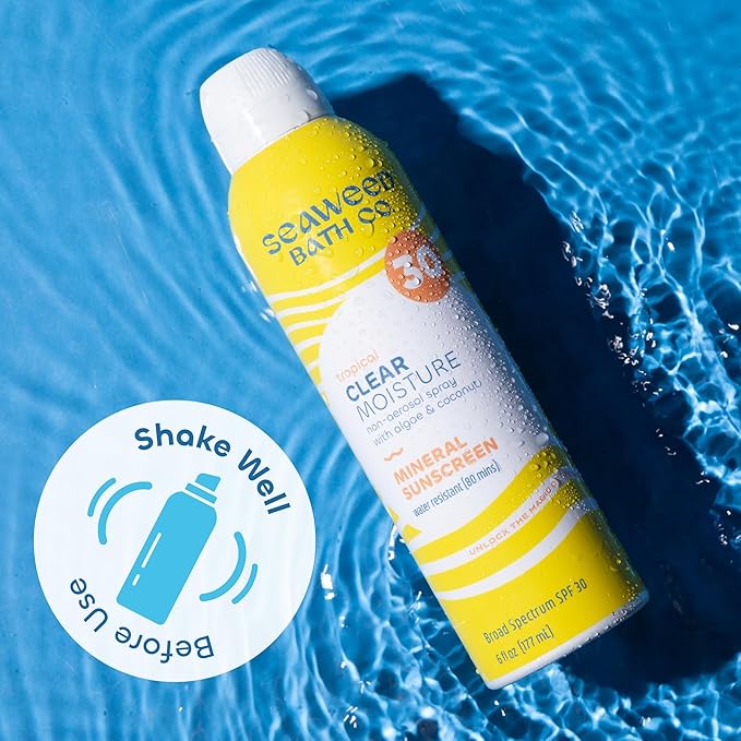 Seaweed Bath Co. Clear Moisture Mineral SPF 30 Broad Spectrum Sunscreen Spray - With Nourishing Algae, Coconut & Hyaluronic Acid - Tropical Scented - 6 oz (Pack of 2)