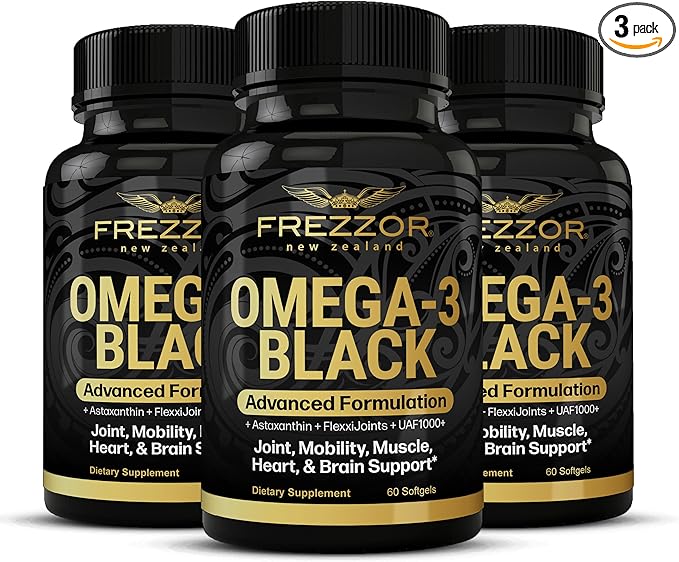 FREZZOR Omega 3 Black for Joint Care & Comfort - New Zealand Green Lipped Mussel Oil Capsules; 53x Higher Potency with UAF1000+ Super Antioxidant, No Fishy Aftertaste, 60 Count (Pack of 3)