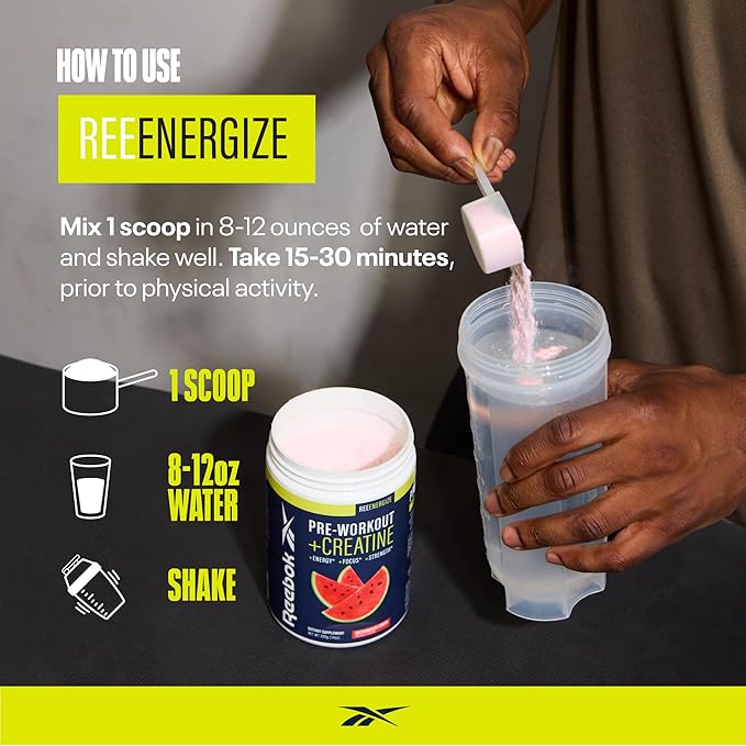 Reebok Pre-Workout Powder | 200mg Natural Caffeine, 3g Creatine Monohydrate | Clean Energy Pre Workout for Strength, Focus & Pump | Informed-Sport Certified | ReeEnergize | Sour Green Apple