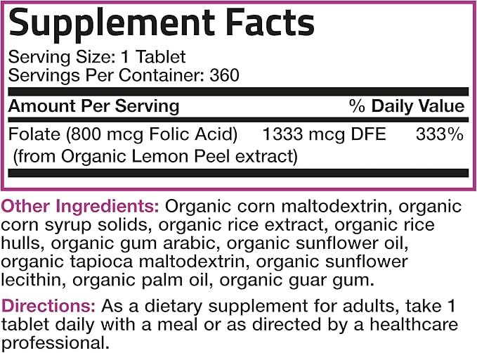 Bronson Organic Folic Acid (Vitamin B9 Folate) 800 mcg Folate from Lemon Peel 360 Tablets