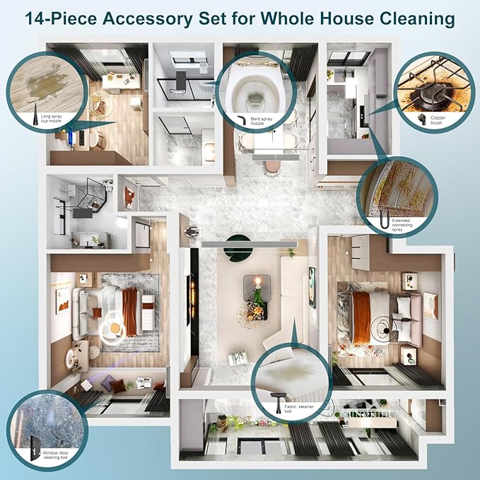Handheld Steam Cleaner, Powerful Pressurized Steam Cleaner with Safety Lock & 14 Cleaning Accessories,Multi-Surface Natural Steam Cleaner for Home Car, Furniture, Grout, Upholstery, Couch