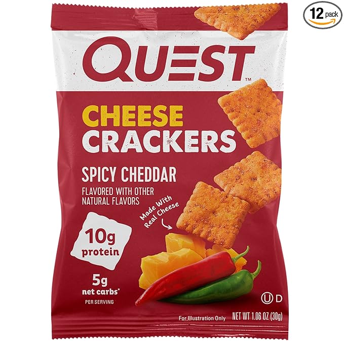 Quest Nutrition Cheese Crackers, Spicy Cheddar Blast, 10g of Protein, Low Carb, Made with Real Cheese, 12 Count (1.06 oz bags)