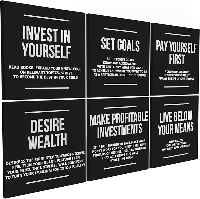 6X Motivational canvas, wall art for bedroom and office, inspirational black and white canvas poster, motivational poster set, decor bundle for home, wall pictures for living room (6x - 16 X 16 in)