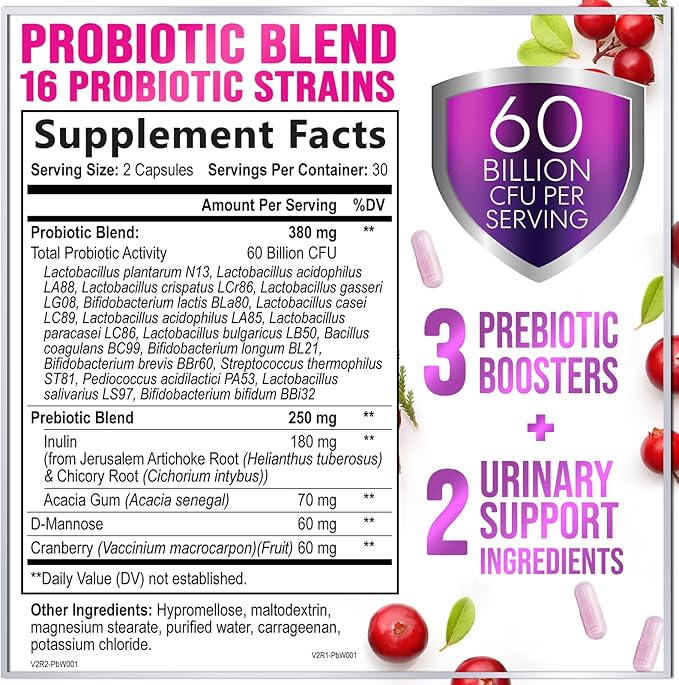 Probiotics for Women - 60 Billion CFU & 16 Strains for pH Balance, Vaginal & Digestive Support, Women's Probiotic with Cranberry for Gut Health, Urinary & Immune Support, Shelf Stable - 60 Capsules